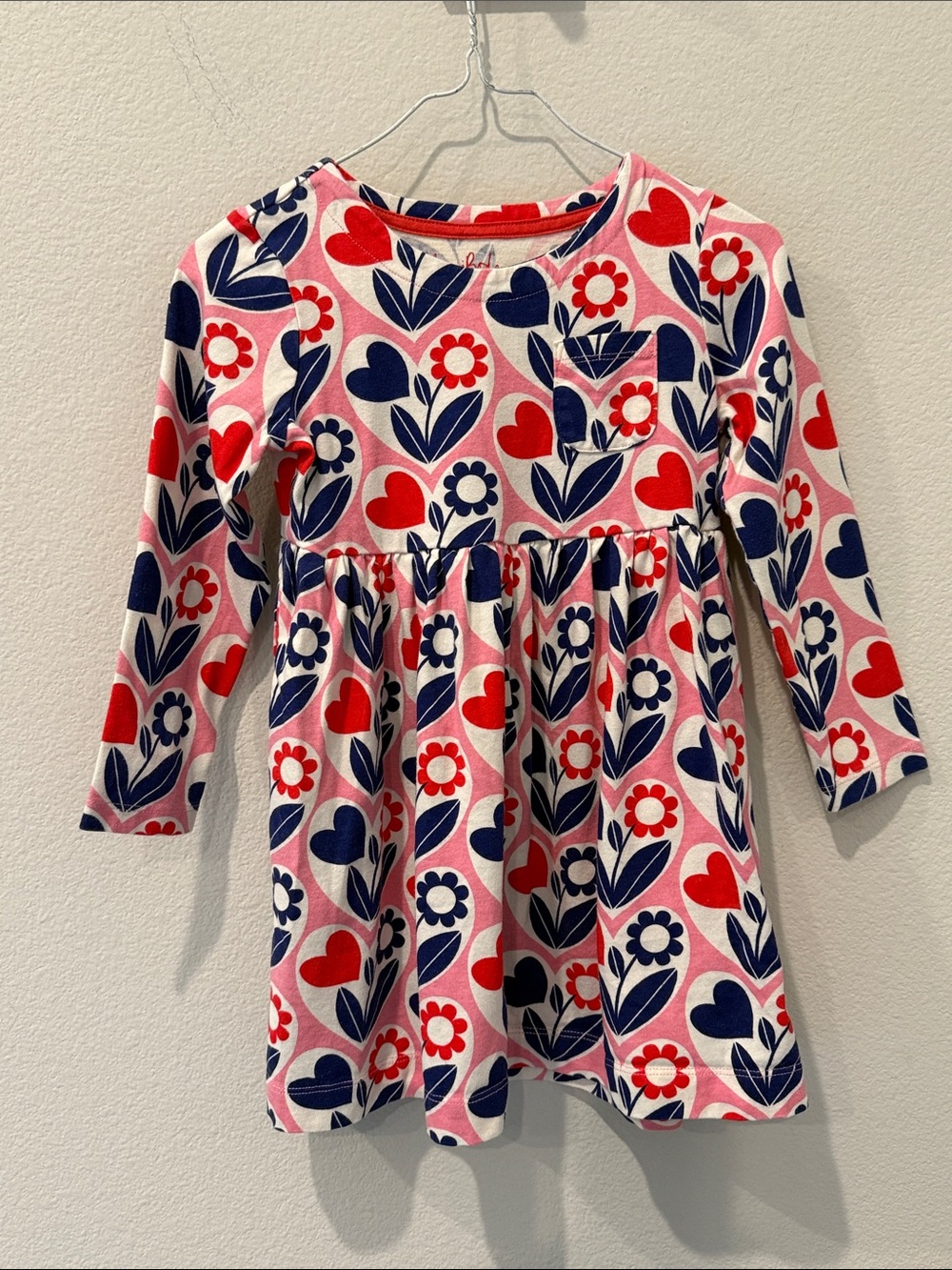 Mini Boden Heart & Floral Long Sleeve Jersey Dress - Pink, Red, Navy Size 4/5